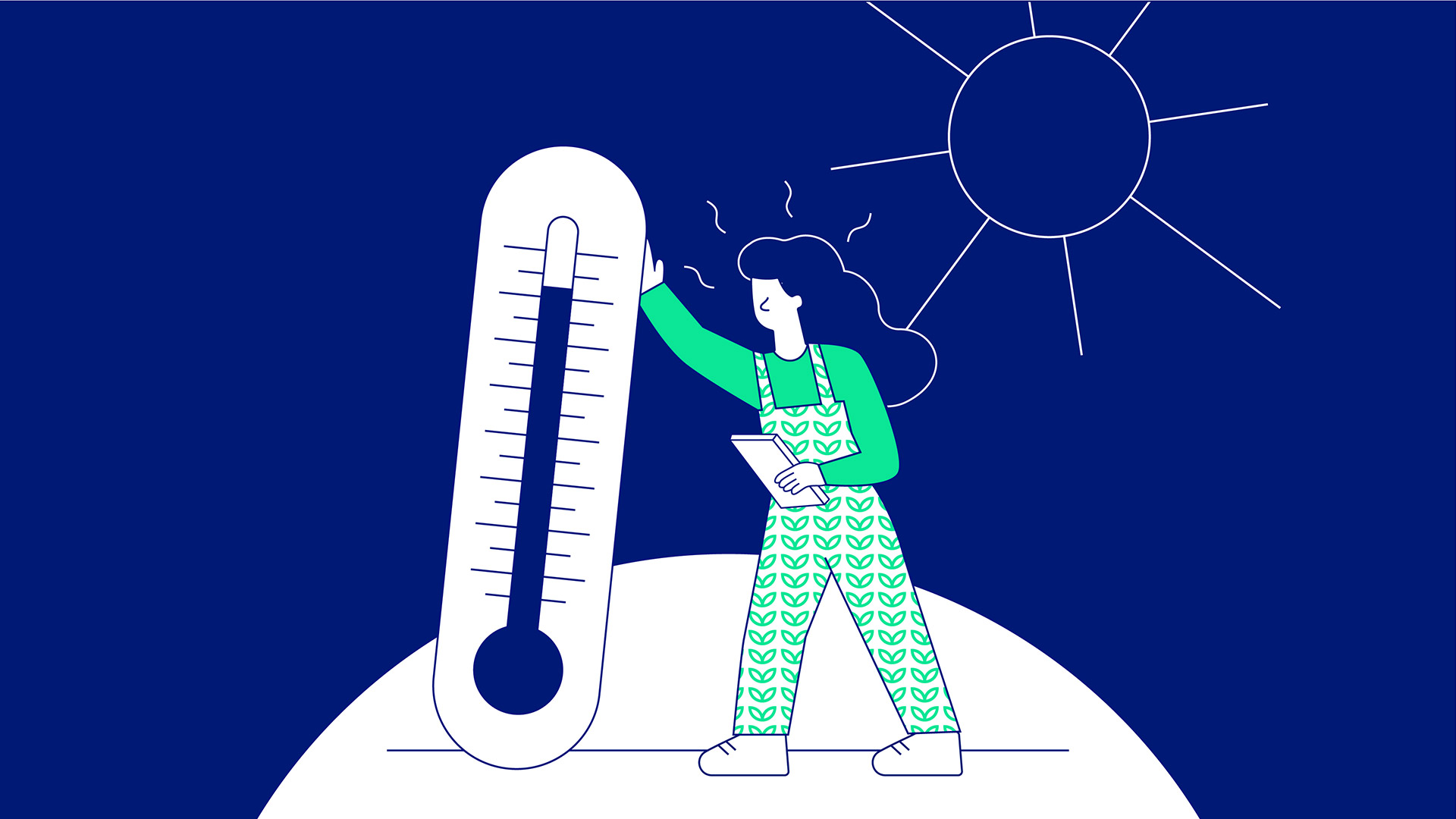 Illustration einer Person, die neben einem riesigen Thermometer steht